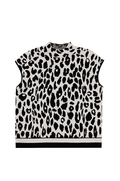 Black Plus Size Leopard Print High Neck Short Sleeve Sweater