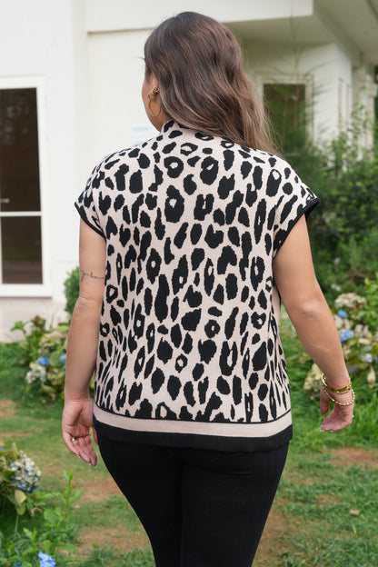 Black Plus Size Leopard Print High Neck Short Sleeve Sweater